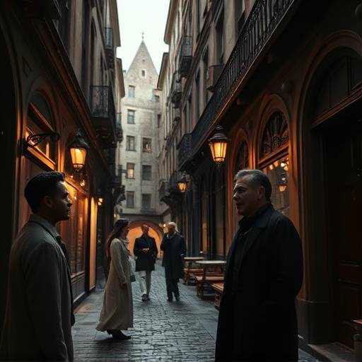 Escena de la serie web Historias del Barrio Gótico, mostrando a dos actores en una calle empedrada.